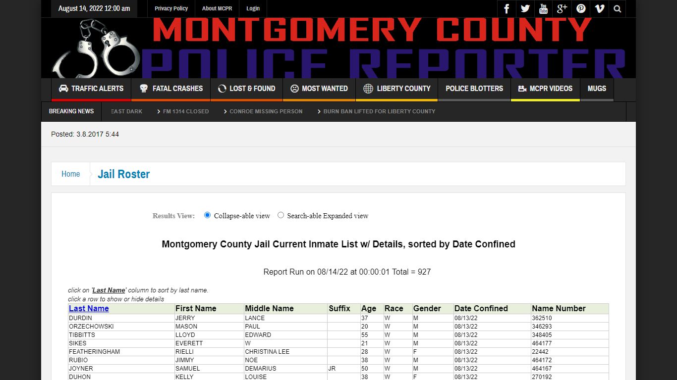 Jail Roster – Montgomery County Police Reporter